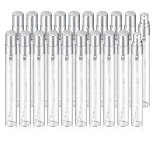 20Pcs 10ml Empty Clear Glass Mist Spray Bottle Refillable Mini Perfume Atomizer Travel Sample Bottle with Silver Aluminized Nozzle Makeup Container for Perfume (10ml Silver Caps) - color: 10ml Silver Caps