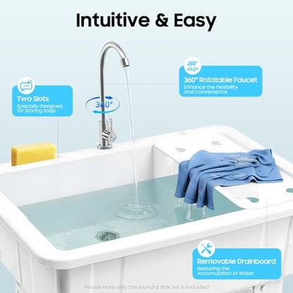 Freestanding Plastic Laundry Sink, Utility Sink Laundry Tub with Faucet, Indoor and Outdoor Utility Sink Hoses and Drain Kit, Slop Sink Wash Station for Garage/Basement/Garden - color: White, 32.3 x 22.4 x 29.9in