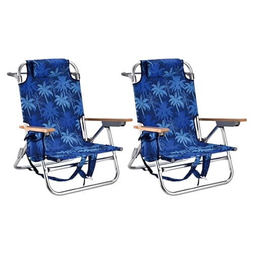 2 Pack Backpack Beach Chairs for Adults Capacity 300 LBS Low 5 Position Beach Chair with Pouch Straps Folding Lightweight Reclining Aluminum Wide Lay Flat Single - color: 10in Wood Blue Leaves 2 Pack