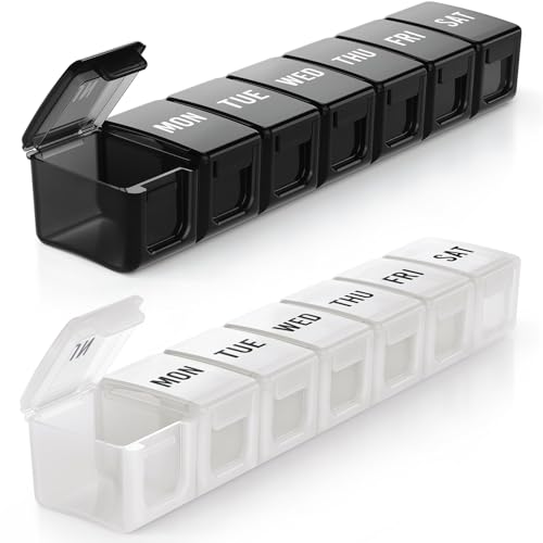 BUG HULL Weekly Pill Organizer Large 2 Packs, Extra Large Travel Pill Organizers, Pill Box 7 Day, Travel Pill Case, Medicine Pill Organizer for Vitamins, Supplements and Medications (Black+White) - color: Black + White