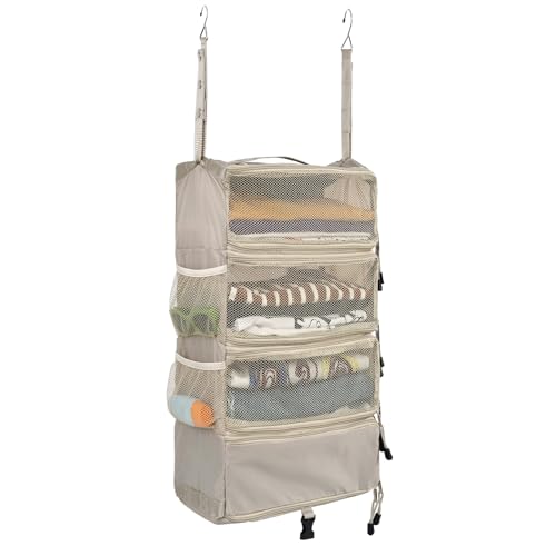 Surblue Travel Hanging Luggage Organizer Portable Suitcase Closet Organizer Multiple Compartments Collapsible Compression Packing Cubes Shelf, Beige, S - color: Beige, size: S_9×7×18in