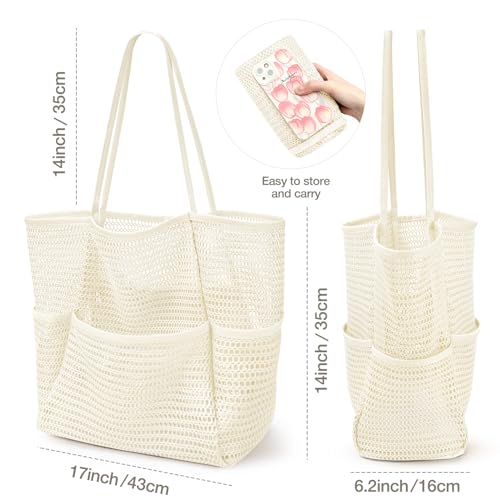 KPX Beach Bag with Mini Pocket, Summer Beach Tote Bags for Women Large Foldable Mesh Swimming Pool Travel Bags - Sandproof - color: Beige