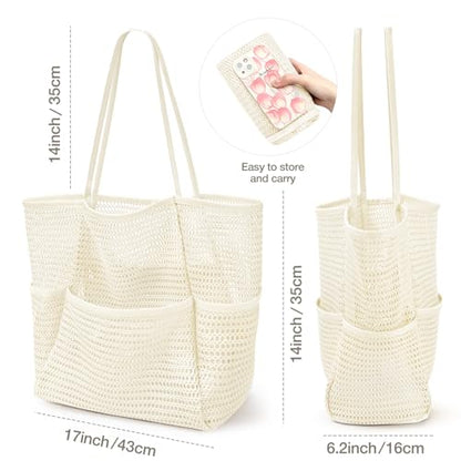 KPX Beach Bag with Mini Pocket, Summer Beach Tote Bags for Women Large Foldable Mesh Swimming Pool Travel Bags - Sandproof - color: Beige