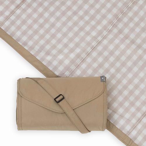 Little Unicorn 5'x5' Outdoor Family Picnic & Beach Blanket | Durable & Water-Resistant Fabric | Compact Fold & Easily Wipes Clean | Zipper Pocket (Beige Buffalo Check) - color: Beige Buffalo Check, size: 5 x 5