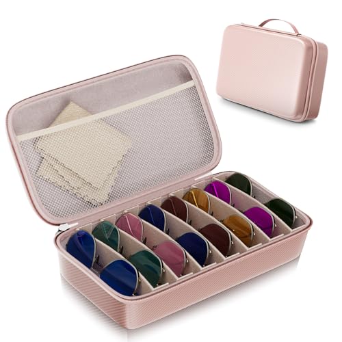 Travel Sunglasses Organizer, Hard Shell Sunglass Case Adjustable Slots for Multiple Sunglass Eyeglass Case - style: Pink + 8 Slots