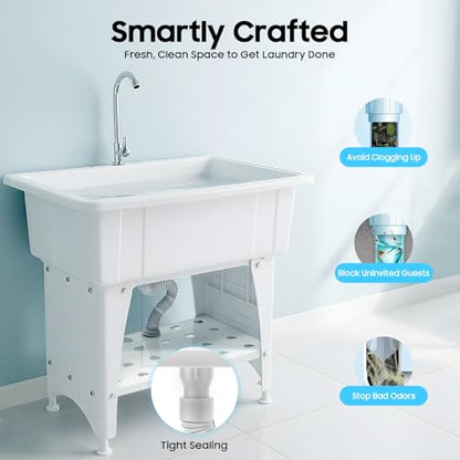 Freestanding Plastic Laundry Sink, Utility Sink Laundry Tub with Faucet, Indoor and Outdoor Utility Sink Hoses and Drain Kit, Slop Sink Wash Station for Garage/Basement/Garden - color: White, 32.3 x 22.4 x 29.9in