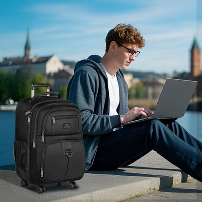 MATEIN Rolling Backpack with 4 Wheels, 17 inch Water Resisatnt Roller Spinner Backpack for Men, Large Busines Travel Wheeled Bag, Airline Approved Carry on Luggage Suitcase Bag, Black - color: Black, size: 17 inch