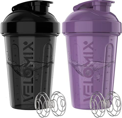 VELOMIX -2 Pack- 20 oz Protein Shaker Bottles for Protein Mixes - 2x Wire Whisk | Leak Proof Shaker Cups for Protein Shakes and Pre Workout | Protein Shaker Bottle Pack (A9) Purple/Black - color: A9) Purple / Black