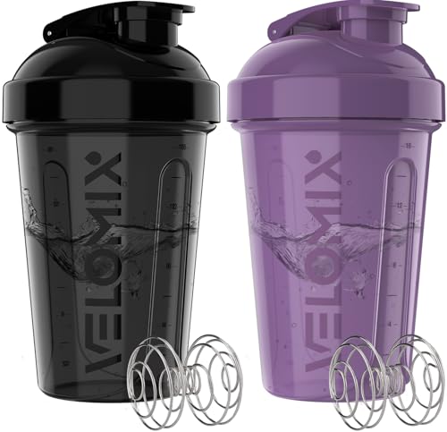 VELOMIX -2 Pack- 20 oz Protein Shaker Bottles for Protein Mixes - 2x Wire Whisk | Leak Proof Shaker Cups for Protein Shakes and Pre Workout | Protein Shaker Bottle Pack (A9) Purple/Black - color: A9) Purple / Black