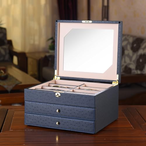Luxury Sunglasses Organizer, 24 Slot Glasses Storage Box for Women Men, PU Leather Box for Eyeglass Display Case (Blue Ostrich skin PU) - color: Blue Ostrich skin PU