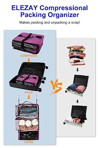 ELEZAY Hanging Packing Cubes Portable Closet 3-Shelf Travel Collapsible Compression Garment Organizer for Carry-on Luggage Suitcase Space Saver Bag X-Large_No Side Pockets, Purple - color: Purple, size: X-Large_12*10*24 IN