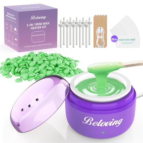 Nose Wax Kit Men, Mini Wax Warmer for Facial Hair Removal, Ear Eyebrow Waxing Kit for Women Men With 100g Beads, 10 Applicators, 10 Nose Sticks, Portable Melt Machine for Home Travel Use - Purple - color: Purple