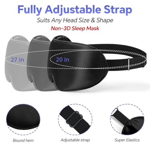 Flat Sleep Eye Mask for Men Women, Silk Sleep Mask for Side Sleeper, Travel Blackout Night Blindfold Eye Shade Cover with Adjustable Strap, Non-3D (Black & Black) - color: Black & Black