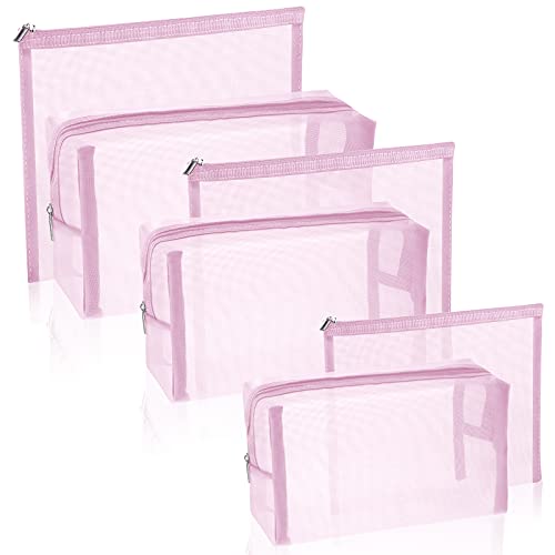 6 Pieces Mesh Makeup Bags Mesh Cosmetic Bag Portable Travel Organizing Zipper Pouch Toiletries Makeup Pouches for Home Office Travel Accessories - color: Light Pink