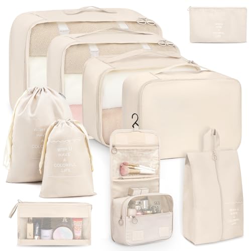 Anjing 10 Set Packing Cubes Luggage Organizers for Travel Accessories Essentials Organizer Bags Carry on Suitcases, Beige - color: Beige-10pcs
