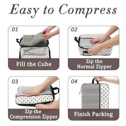 U+U 4 Set Compression Packing Cubes - Ultralight Travel Organizers, Space-Saving Suitcase Organizer, Expandable Packing Cubes for Travel, Business Trip and Family Vacation (Polka Dot)