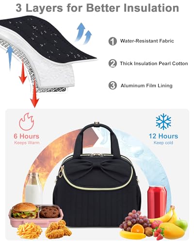Bluboon Lunch Bag for Women, Insulated Lunch Tote with Shoulder Strap, Cute Large Lunch Box for Work, Teacher Nurse Lunch Cooler Bag for Office, Picnic, Travel - color: Black