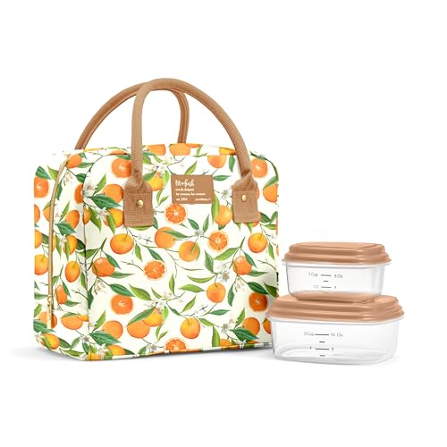 Fit & Fresh Bloomington Lunch Bag for Women - Insulated Large Lunch Box for Work with Containers, Leak-Resistant, Stain-Resistant, Zipper Closure, Orange Blossoms - color: Orange Blossoms, size: One Size