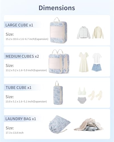 Narwey 6 Set Compression Packing Cubes for Travel Women Men, Travel Cubes for Carry On Suitcase, Durable Compression Luggage Organizer Bags - color: ZZZ-Little Blue Flower