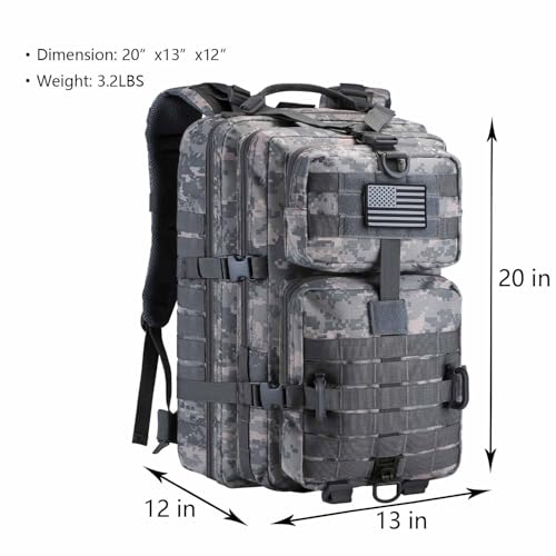 Hannibal Tactical MOLLE Assault Backpack, Tactical Backpack Army Military Camping Rucksack, 3-Day Pack Travel Trip w/USA Flag Patch, D-Rings, ACU Camo - color: Acu Camo