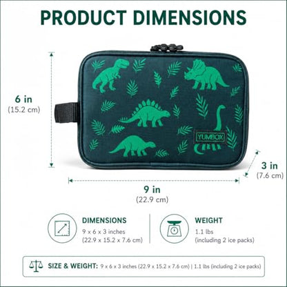 Yumbox Chill Snack Bag, Insulated Freezable Snack Bag with 2 Removable Gel Ice Packs, Cooler for Snacks & Small Meals, Freezer Safe, Lightweight, Dark Green Bag with Dinosaurs Print - color: Dinos