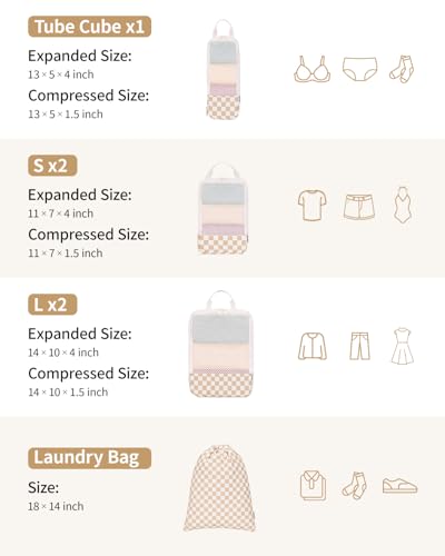 Narwey 6 Set Compression Packing Cubes for Travel Women Men, Travel Cubes for Carry On Suitcase, Durable Compression Luggage Organizer Bags - color: Z-Light Checkerboard