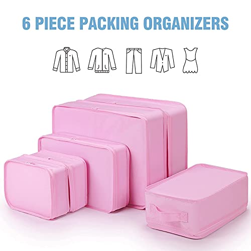 Mossio 6 Set Packing Cubes with Shoe Bag - Lightweight Travel Luggage Suitcase Organizers - color: Pink