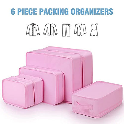 Mossio 6 Set Packing Cubes with Shoe Bag - Lightweight Travel Luggage Suitcase Organizers - color: Pink
