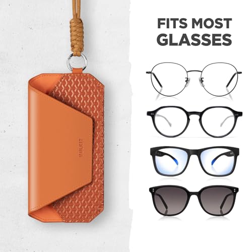 VULKIT Portable Leather Eye Glasses Case for Women & Men, Slim Sunglass Case, Unisex Eyeglass Case - color: Tangerine Rush With Lanyard