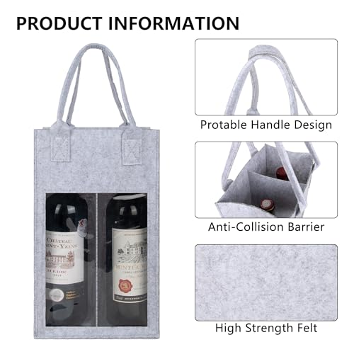 Kingshion Felt 2 Wine Bottle Carrier Bag with Handle, 2 Compartments Wine Bottle Storage Holder, Reusable Travel Carry Bag (Light Grey)