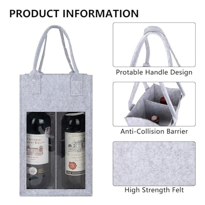 Kingshion Felt 2 Wine Bottle Carrier Bag with Handle, 2 Compartments Wine Bottle Storage Holder, Reusable Travel Carry Bag (Light Grey)