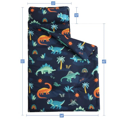 PHF Soft Toddler Nap Mat with Removable Pillow, Rollup Design Kids Sleeping Mat, Slumber Bags for Boys, 55"x23" Toddler Sleeping Bag for Daycare Preschool Travel Camping, Large Navy Dinosaur - color: Large Navy Dinosaur