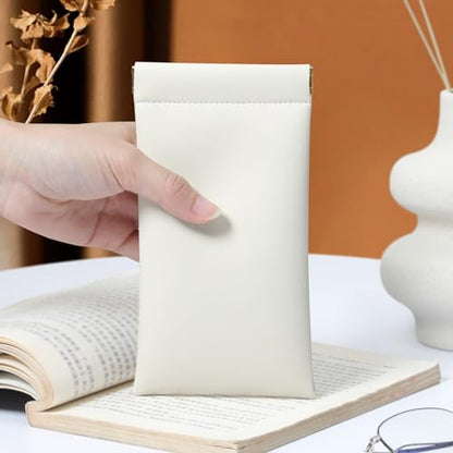 Squeeze Top Sunglass Case, New Organosilicon Soft PU Leather Eyeglass Glass Case Travel Large Sunglasses Pouch - color: Creamy White
