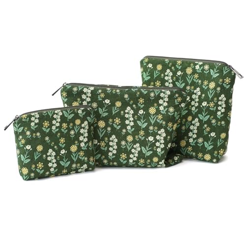 Small Cosmetic Bag Set of 3 for Purse, Green Floral Cotton Makeup Pouch Set, 3 Sizes Zipper Organizer for Travel & Toiletries, Gift for Her Birthday, Bridesmaid & Best Friend - color: Floral/Cotton-Linen Blend