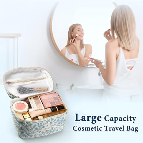 NATINSA Cute Makeup Bag for Women(2 Pcs), Travel Cosmetic Bags, Quilted Coquette Aesthetic Floral Toiletry Organizer Bag (46 - Sky Blue/4Pcs) - color: 46 - Sky Blue/4Pcs