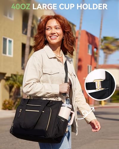 HOMESPON Lunch Bag, 24.5L Large Tote Bag for Women, Laptop Bag Fits 15.6" with Insulated Lunch Compartment & Shoulder Strap, Work Tote for Nurse, Teacher, Office, Commute, Travel, Black - color: Black