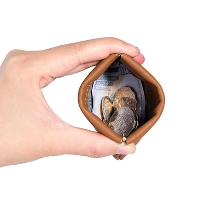 Travelambo Leather Squeeze Coin Purse Pouch Change Holder For Men & Women - color: Brown