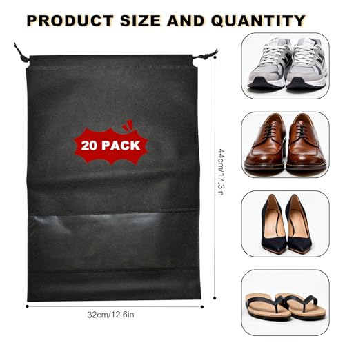 20 Pack Shoe Bags for Travel, 17" x 12.6" Drawstring Shoe Organizers with Clear Window, Breathable Non-Woven Dustproof Pouches for Luggage & Closet (Black) - color: Black