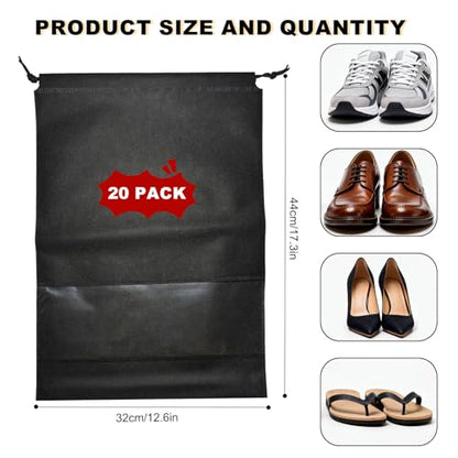 20 Pack Shoe Bags for Travel, 17" x 12.6" Drawstring Shoe Organizers with Clear Window, Breathable Non-Woven Dustproof Pouches for Luggage & Closet (Black) - color: Black
