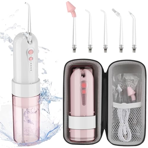 Water Dental Flosser for Teeth Cleaning and Flossing with Travel Size Case – Rechargeable Oral Irrigator, KOOVON Portable Water Flosser for Adults, IPX7 Waterproof, 5 Jet Tips & 4 Modes, Pink - color: Pink