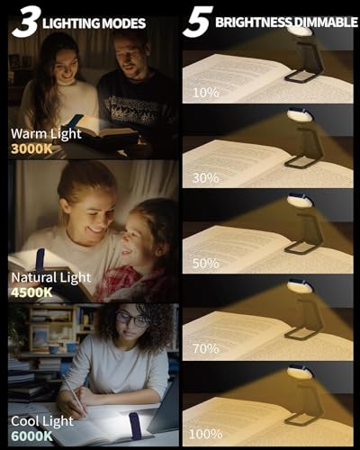 HEMONNKAM Book Reading Light, Rechargeable Clip on Booklight, Eye Caring 3 Color Temperatures & 5 Brightness Levels, Night Use for Bed, Long Lasting, Reading at Night in Bed, Deep Blue - color: Deep Blue