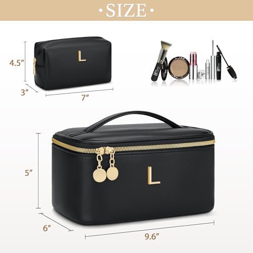 Personalized Initial Makeup Bag Gifts for Women, Large Travel Cosmetic Organizer with Handle & Divider, PU Leather Toiletry Bag for Girls, Birthday Bridesmaid Gift Set - Black - L - color: Black, style: L