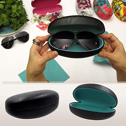MyEyeglassCase® Large Hard Sunglasses Case | fits Large curved Sunglasses, with microfiber bag and cleaning cloth - color: Smooth Black