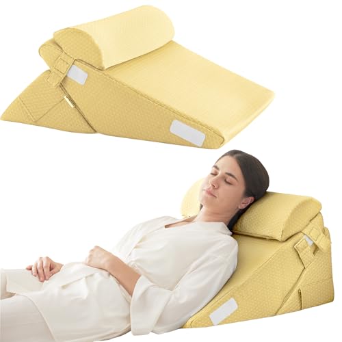 Bedluxe Adjustable 3pcs Bed Wedge Pillow Set, Memory Foam Wedge Pillows Post Surgery for Back, Neck, Leg Pain Relief, Pillow Wedge for Sleeping, Sitting up in Bed, Acid Reflux and GERD, Beige Yellow - color: Beige, size: Adjustable 9&12 Inch + 1 Head Pill