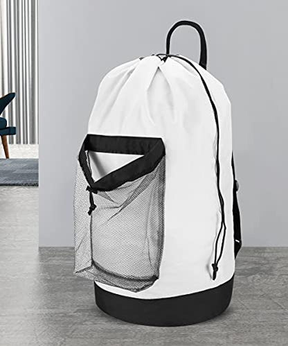 Dalykate Backpack Laundry Bag, Laundry Backpack with Shoulder Straps and Mesh Pocket Durable Nylon Clothes Hamper Bag with Drawstring Closure for College, Travel, Laundromat, Apartment - color: White