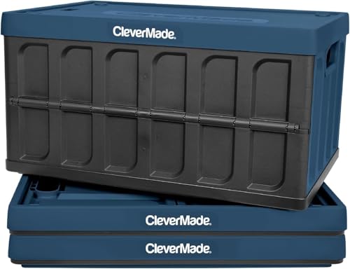 CleverMade Collapsible Storage Bins with Lids (62L, 3 Pack) – Heavy Duty Foldable Plastic Storage Crates for Garage, Closet & Trunk Organization - Ocean - color: Ocean, size: 62L - 3 Pack