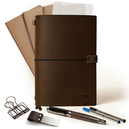 WANDERINGS A5 Travelers Notebook Bundle – 6" x 8.5" (15 x 22cm) – Genuine Leather Journal with Pen Holder, Pen, 2 Ink Refills, PVC Folder & Binder Clip - size: A5