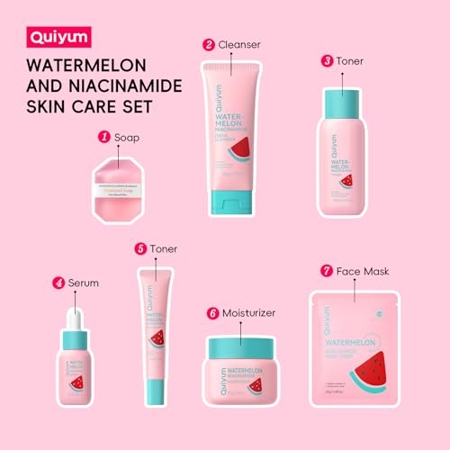 QUIYUM Watermelon Skin Care Kit for Teens Girls, 8 Daily Routine Beauty Skincare- Gift Set with Cleanser, Toner, Eye Cream, Moisturizer, Serum, 2 Facial Mask, Soap, Hydrate, Oil Control, Glow, Smooth - size: 7 Pieces