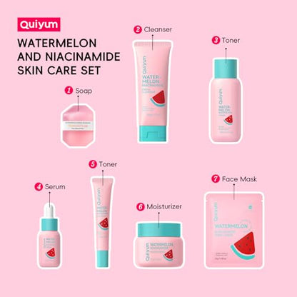 QUIYUM Watermelon Skin Care Kit for Teens Girls, 8 Daily Routine Beauty Skincare- Gift Set with Cleanser, Toner, Eye Cream, Moisturizer, Serum, 2 Facial Mask, Soap, Hydrate, Oil Control, Glow, Smooth - size: 7 Pieces