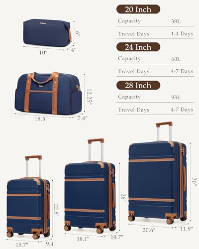 LONG VACATION Luggage Sets 5 Piece, Suitcases With Wheels, PC+ABS Hardshell Luggage Set with Spinner Wheels, TSA Lock (Navy Brown) - color: Navy Brown, size: 5 Piece Set (20, 24, 28 Inch)